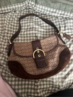Coach 6808 Y2k Micro Signature Beige Canvas Brown Suede Shoulder Bag